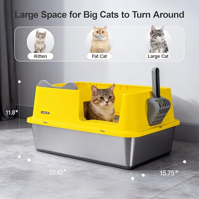 Stainless Steel Cat Litter Box, Open Top High-Sided Metal Litter Box with Scoop, Extra Large Litter Boxes for Kitty Kitten and Big Cats, Anti-Urine Leakage, Non-Sticky, Easy to Clean (Yellow)