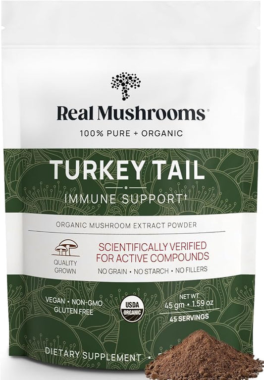 Real Mushrooms Turkey Tail Mushroom Powder – Organic Mushroom Extract for Daily Wellness Gut Harmony, & Energy Support with Beta Glucans – Vegan, Non-GMO, 45 Servings Functional Supplement