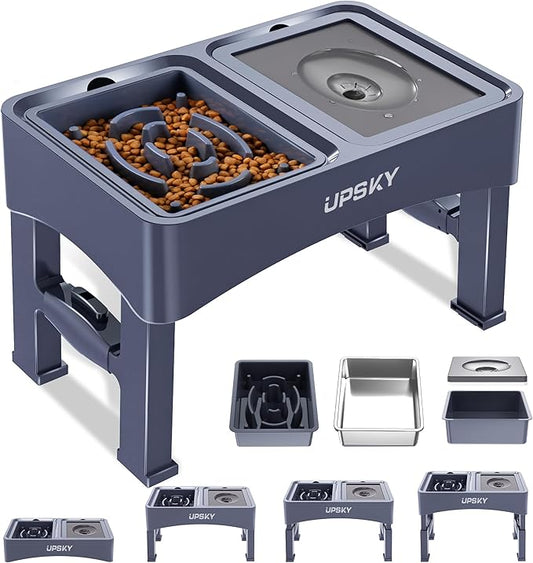 UPSKY 3-in-1 Elevated Dog Bowls Slow Feeder, Adjustable Stand, Stainless Steel Food & No Spill Pet Water Bowl for Small Medium Dogs, Blue