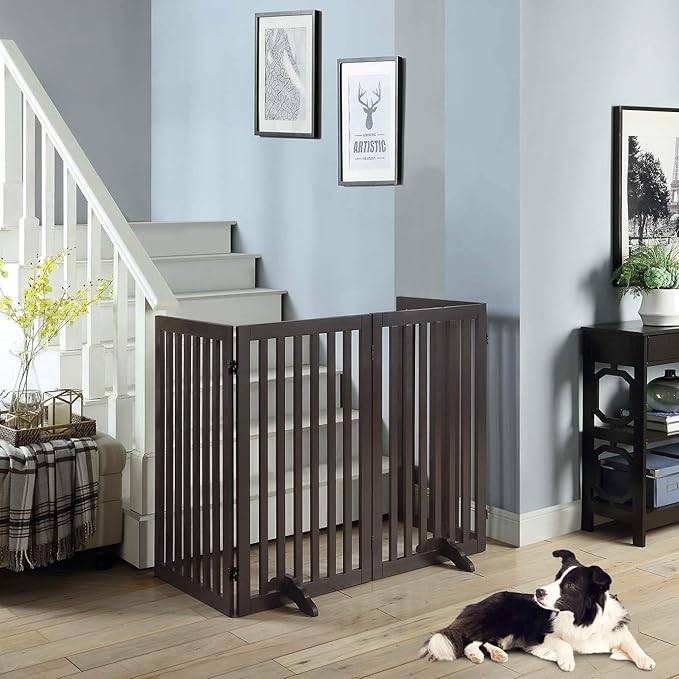 unipaws 36" H Free Standing Pet Gate for Dog Cat, Tall Wooden Dog Gates for Doorway, Stairs, Foldable Pet Fence for The House, Expandable Dog Barrier, Indoor Use, Espresso