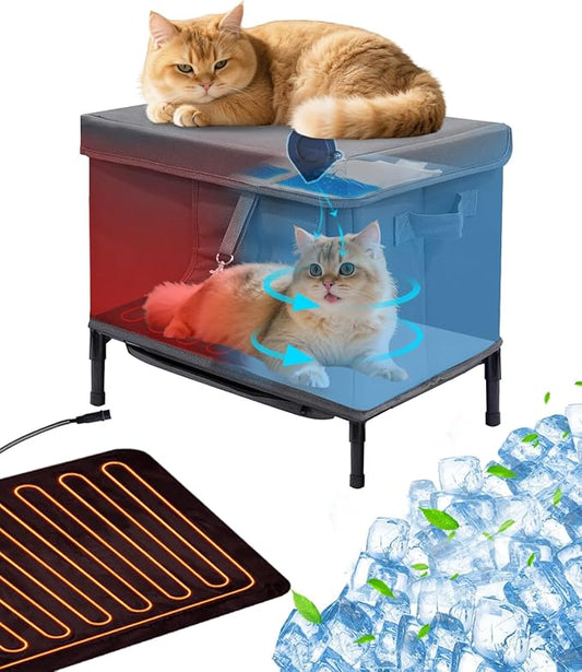 Heated & Cooling House - Weatherproof Feral Cat Shelter with Fan & Heated Mat - Dual Use Cat Bed with Timer & Adjustable Temperature Heater Pad Suit for All Seasons