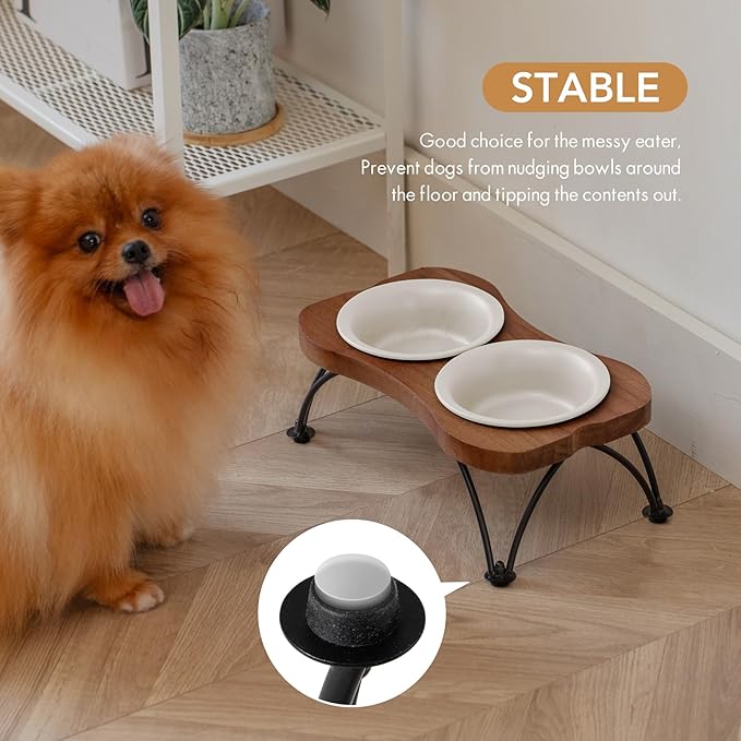 Ceramic 5.5-inch Raised Double-Bowl Set with Non-Slip Stand, Food & Water Dishes for Puppies and Cats, Wide Opening with Rounded Edges(Matt White)