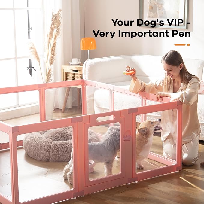 Clear Acrylic Dog Playpen Indoor, Puppy Cat Small Pet Play Pen, Pet Cat Foldable Playpen for Rabbits, Dog Fence Crate Kennel Whelping Cage (Pink, 10 Panel)