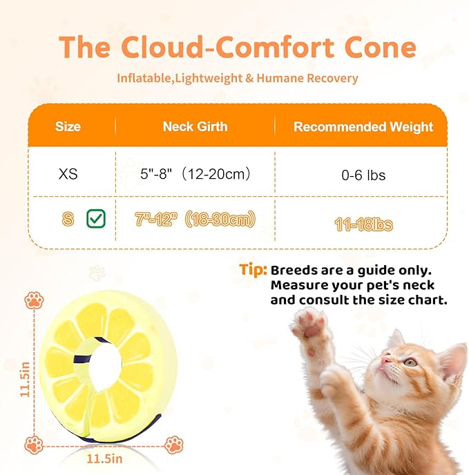 Adjustable Inflatable Dog Cone Collar for Surgery Recovery, Soft Cone for Dogs & Cats, Portable & Washable Dog Donut Collar, Large Cat Cone E Collar (Yellow S)