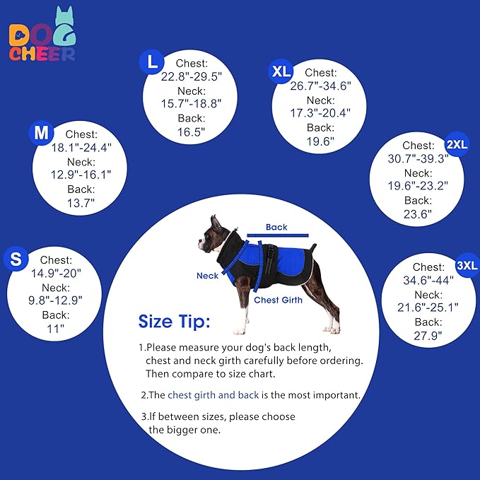 Dogcheer Waterproof Dog Coat, Christmas Dog Winter Jacket, Adjustable Puppy Fleece Coat for Cold Weather, Reflective Turtleneck Snow Jacket for Small Medium Large Dogs - Blue, M