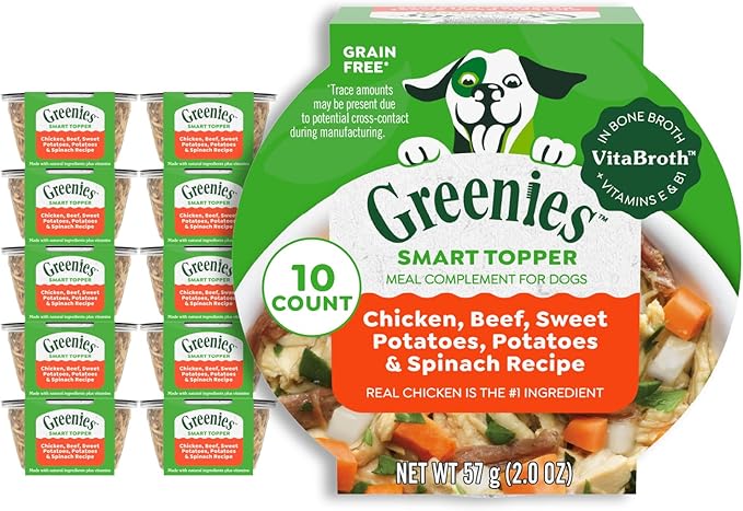 Greenies Smart Topper High Protein Wet Mix-in for Dogs, Chicken, Beef, Sweet Potatoes, Potatoes & Spinach Recipe in Vitabroth Broth- Bone Broth + Vitamins E & B1, 10 Count