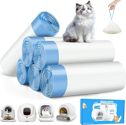 120 Count Cat Litter Bags for Automatic Litter Box, Fit for MeoWant-SCO1 and MeoWant-SCO2, Thick Heavy Duty Drawstring Self-Cleaning Cat Litter Box Liners Bag -17.7" x 19.68"