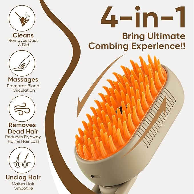 4-in-1 Steam Cat Brush for shedding–Self-Cleaning Comb for Long and Short Hair Cats and Dogs, Steam Pet Brush for Hair Removal, Vibrating Message, Grooming & Relaxation (Khaki)