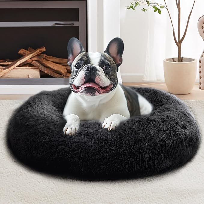 JOLLYVOGUE Calming Dog & Cat Bed for Small Dogs, Anti-Anxiety Donut Cuddler Cozy Soft Round Bed with Anti-Slip Bottom, Fluffy Faux Fur Plush Cushion Beds for Small Medium Pets (23")