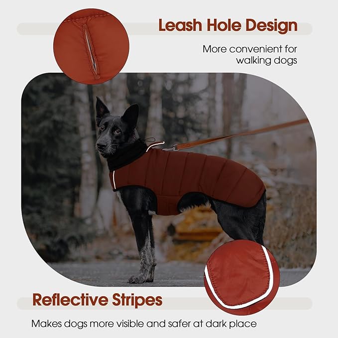 IDOMIK Waterproof Dog Winter Coat, Reflective Warm Dog Puffer Jacket with Harness Hole, Adjustable Lightweight Snow Jacket with Turtleneck, Pet Cold Weather Coats for Small Dogs,Caramel,S