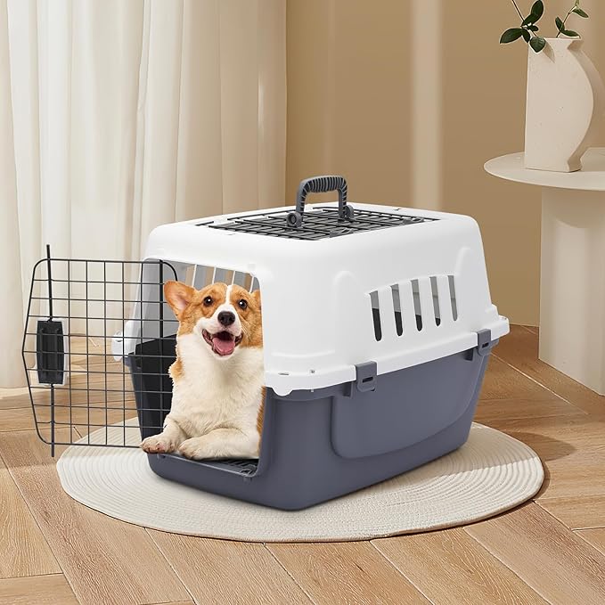 MoNiBloom 22-Inch Dog Crate Plastic 2-Door Top Loading Cat Carrier, Hard-Sided Dog Travel Carrier for Small Dogs and Cats, Ventilation and Security Lock Design for Pets up to 22 lbs (Grey)