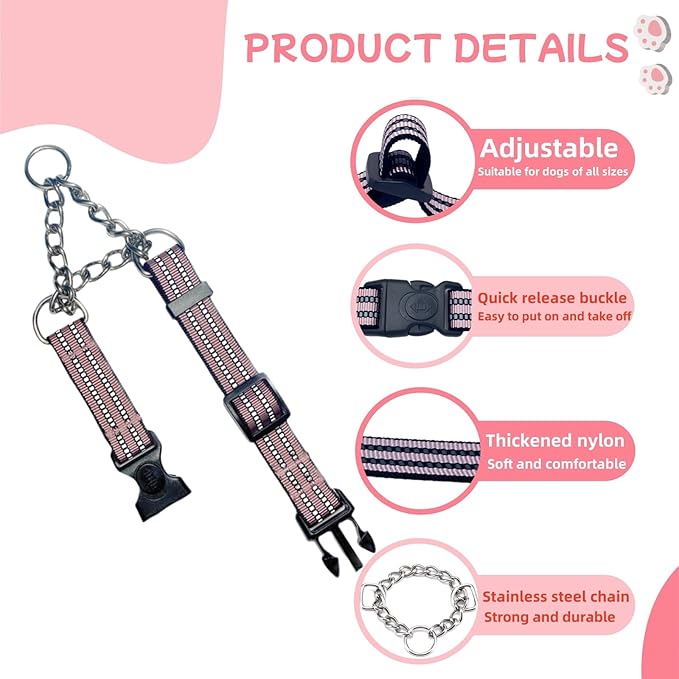 Martingale Dog Collars, Reflective Nylon Collar with Stainless Steel Chain, Adjustable Walking Training Dog Collars with Quick Release Buckle, Suitable for Small Medium Large Dogs(Pink,S)