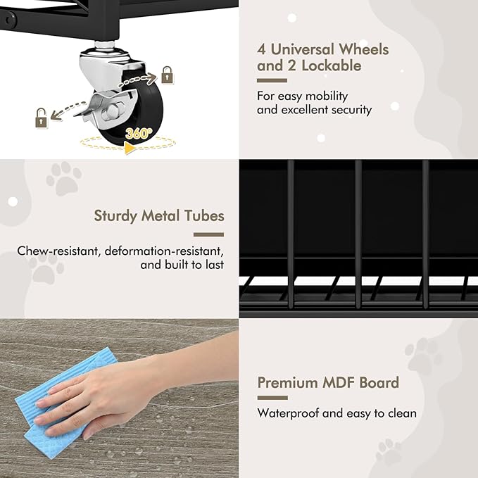 Giantex Dog Crate Furniture with Wheels, 38" Modern Dog Cage with 3 Doors, Flip Top Lid, Removable Pull-Out Tray, Decorative Dog Kennel Indoor Pet House End Table for Medium & Large Dogs (Oak Gray)