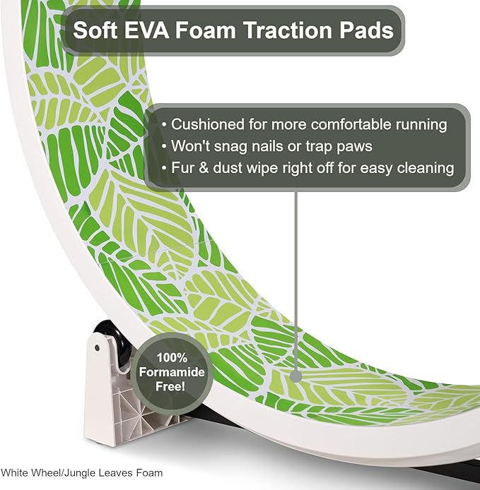 One Fast Cat - Cat Exercise Wheel - Gen. 7 - Safe 48" Diameter - Made in The USA - White Wheel with Jungle Leaves Foam Traction Pads and Solid Black Inline Wheels