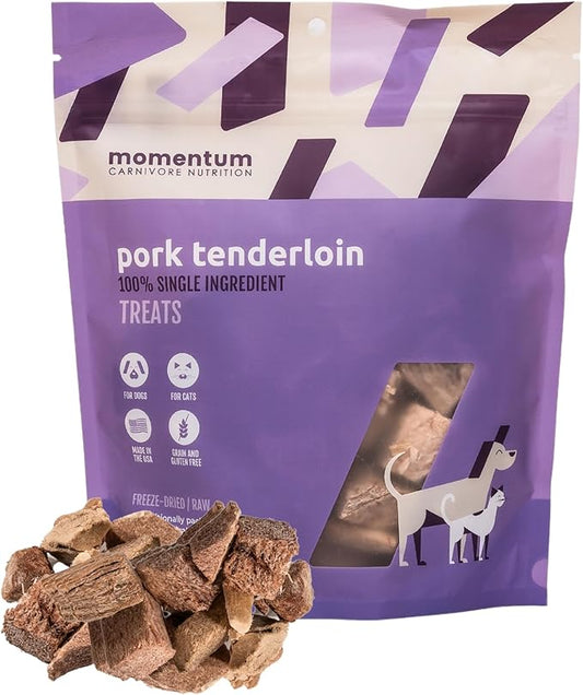 Momentum Carnivore Nutrition Freeze-Dried Pork Tenderloin Dog Treats – Single-Ingredient, Dog & Cat Treats – High-Protein, Grain-Free– 3.5 oz Bag