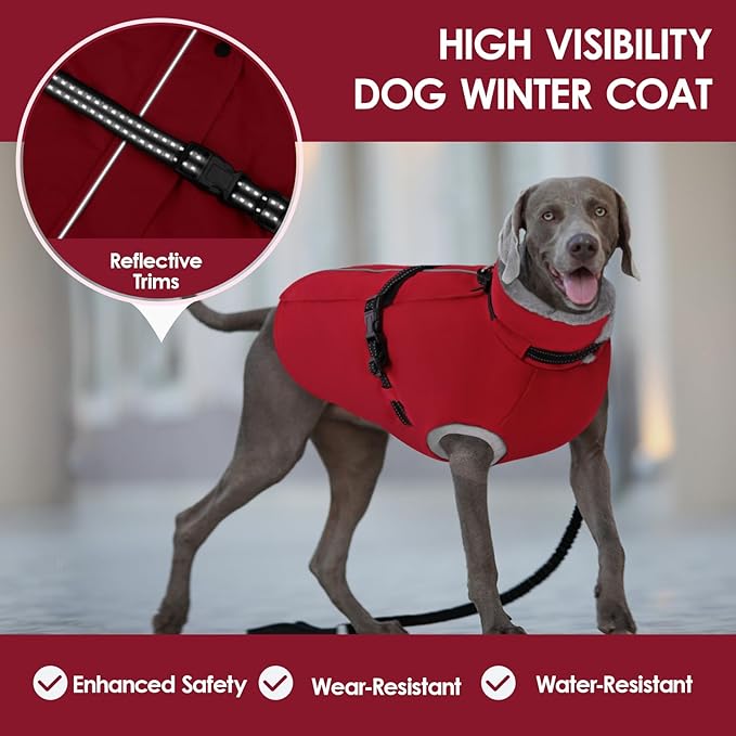 AOFITEE Dog Coat for Large Dogs, Warm XL Dog Jacket Winter, Pet Winter Coat with Harness Built in, Fleece Puffer Jacket Waterproof Reflective Snowsuit for Extra Large Dogs, Christmas Red XL