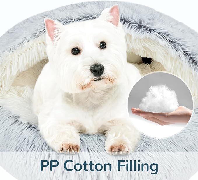 Calming Cat Beds, Fluffy Plush Round Cat Cave Washable, Cozy Warming Anti-Slip Small Dog Bed for Puppy and Kitten, Soft Anti Anxiety Pet Nest (28×28 inch, Grey)