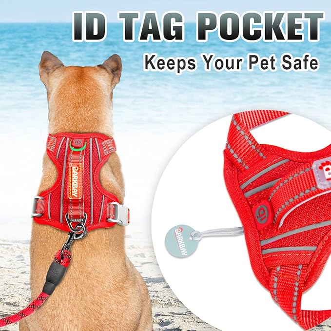 BARKBAY No Pull Dog Harness Large Reflective Dog Harness with Front Clip and Easy Control Handle for Walking Training Running with ID tag Pocket(Red,L)