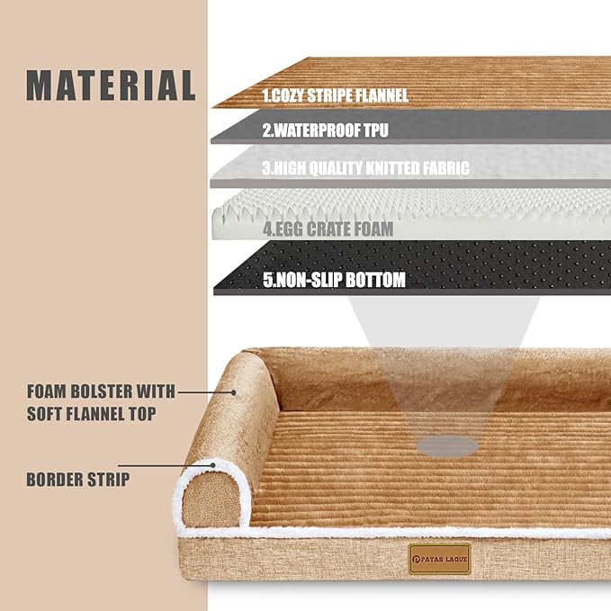 Patas Lague Orthopedic XL Dog Bed Large Sized Dog 42''X28'', Waterproof Comfortable L Bolster Big Large Non-Slip Soft Warm Pet Crate Bed Sleep Sofa mat with Removable Washable Cover, Brown