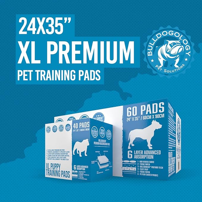 Bulldogology Pee Pads for Dogs XL with Adhesive Sticky Tape (24x35) Dog Puppy Pads Extra Large, Disposable Puppy Pads, Dog Training Wee Pads 6 Layers with Bullsorbent Polymer Tech (40-Count, White)