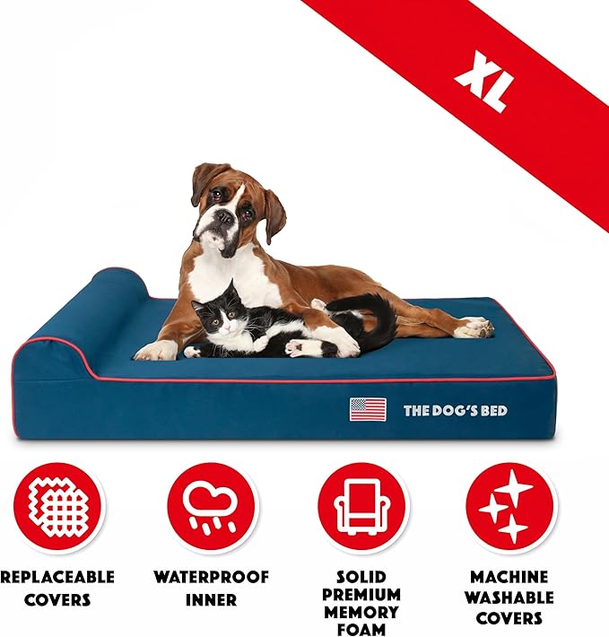 The Dog’s Bed Orthopedic Headrest Dog Bed XL Blue Oxford with Red Trim US Flag, Memory Foam, Hip & Elbow Dysplasia, Post Surgery, Lameness, Waterproof Washable Cover