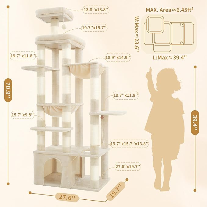 Heybly Cat Tree, 71-Inch Tall Cat Tower for Large Maine Coon Cats with Extra-Large Baseboard, Cat Condo Furniture with Multi-Level Platforms, 2 Hammocks and 12 Scratching Posts, Beige HCT037M