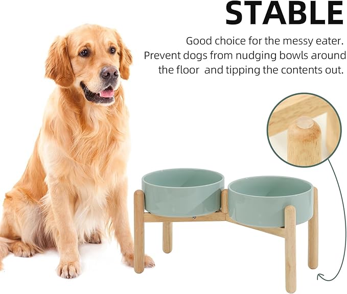 Ceramic 8.2inch Raised Dog Bowl with Stand for Large- Breed Dogs, Pet Food and Water Feeder (Double Bowl with Stand - Light Green)