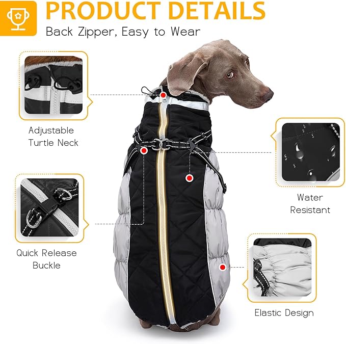 Dog Winter Coat with Harness, Dog Jacket, Pet Clothes with Zipper on Back, Waterproof Windproof Warm Vest, Reflective Cold Weather Coats, for Small Medium Large Dogs, Thick, Black,XS