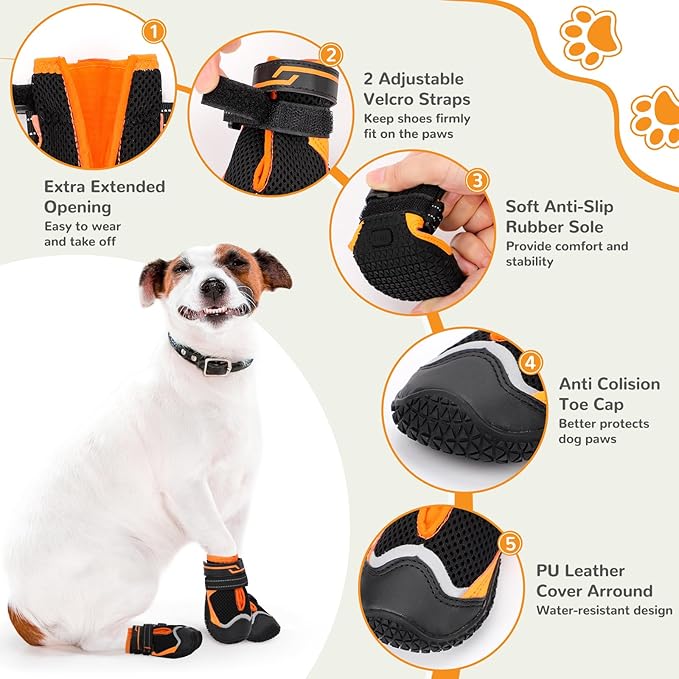 Dog Shoes for Hot Pavement,Dog Boots & Paw Protectors for Large Medium Size Dogs to Prevent Licking,Dog Booties with Reflective for Outdoor,Hiking,Hardwood Floors,Winter Snow(Black Orange,Size1)