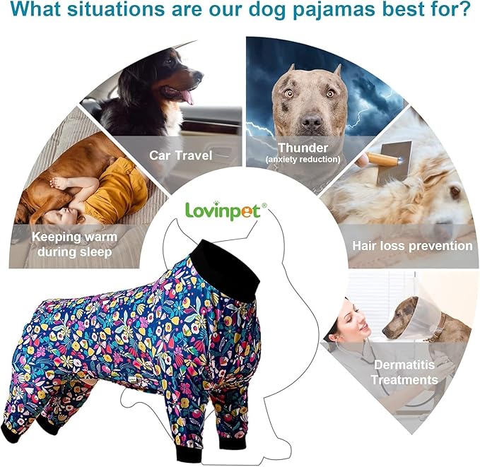 LovinPet Dog Pajamas Apparel for Giant Dogs, Pitbull Clothes, Stretch Knit, Hawaiian Flowers Print, Big Dogs Pullover Onesie, Pajamas for Pitbulls, Pitbull Onesie, Full Coverage Big Dog Pjs, Large