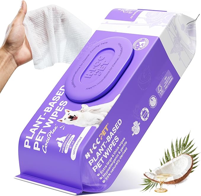 HICC PET Wipes for Dogs and Cats, Vet-Recommended Pets Cleaning Wipes, Deodorizing Hydrating, Nourishes Smoothes Fur, Fermented Coconut Oil Grooming Paws, Body and Butt, Thicken, Unscented, 100 Count