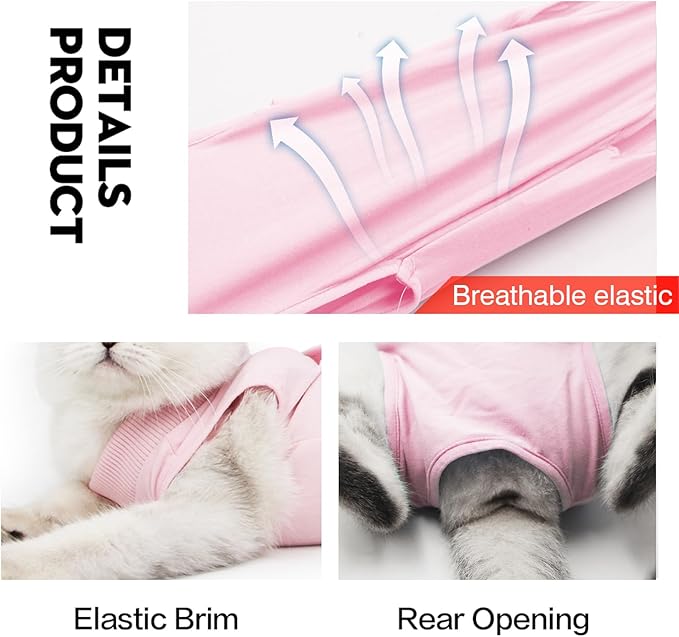 Cat Recovery Suit for Male and Female Surgical Post Surgery Soft Cone Onesie Shirt Clothes Neuter Licking Protective Diapers Outfit Cover Kitten Spay Collar(L, Pink)