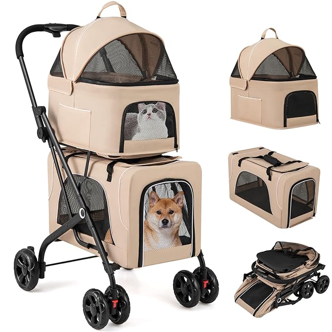 Giantex Double Dog Stroller for 2 Dogs, Detachable Carriers, Safety Belt, 4 Lockable Wheels, Pet Travel Carrier Strolling Cart, Folding Cat Stroller for Small Medium Pets Dogs (Beige)