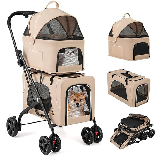 Giantex Double Dog Stroller for 2 Dogs, Detachable Carriers, Safety Belt, 4 Lockable Wheels, Pet Travel Carrier Strolling Cart, Folding Cat Stroller for Small Medium Pets Dogs (Beige)