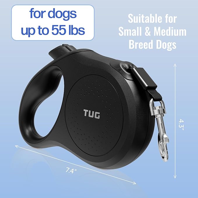 TUG Quest Retractable Dog Leash | 360° Tangle-Free Retraction | 16 ft Strong Nylon Tape (Medium, Black)