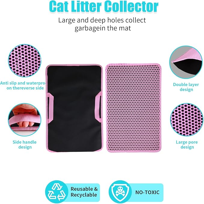 Cat Litter Mat, Kitty Litter Collector, Double Layered Honeycomb Design Waterproof, Anti Urine, Anti Slip, Easy to Clean, Limit Garbage (26"x46.5", Pink)