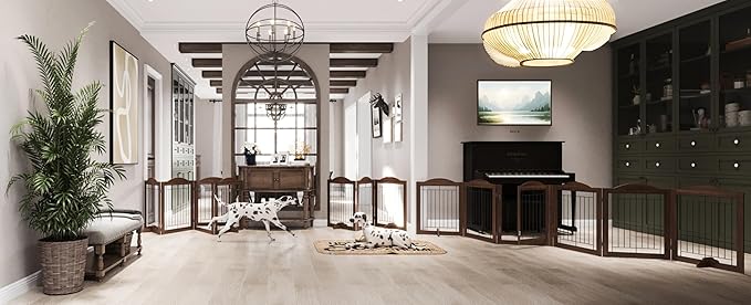 Vantas Folding No-Assembly Dog Door Pet Gate 144" Wide, 30" Tall Wooden Dog Gate with Door Walk Through, Freestanding Wire Pet Gate, Pet Puppy Safety Fence, with 2PCS Support – Brown