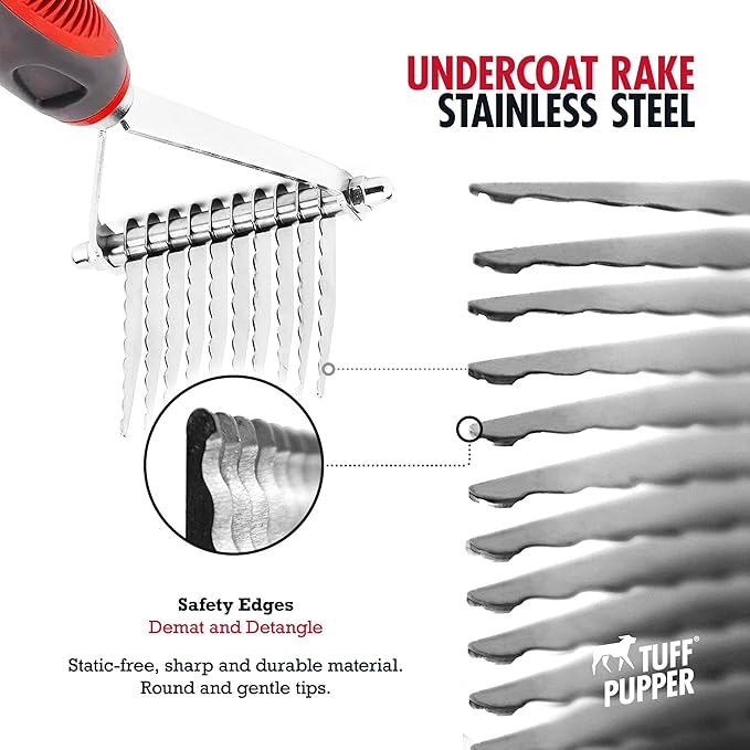 Tuff Pupper Dog Undercoat Rake Tool | Easily & Safely Remove Dead, Matted Or Knotted Hair | Ergonomic Dematting Comb For Thick Coats | Non-Slip Safety Handle Provides Precision Control Against Knots