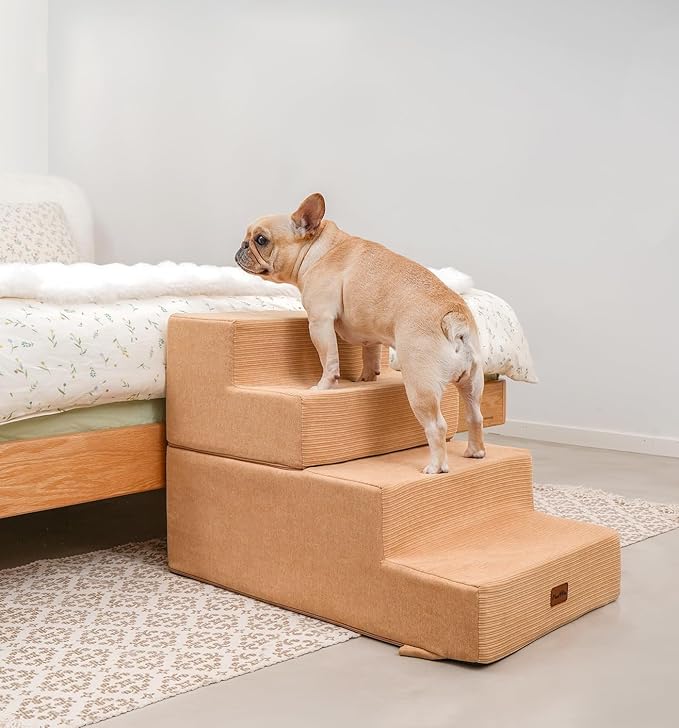 Made4Pets Dog Steps for Bed, Extra Wide Dog Stairs for High Bed Couch Sofa, 35D Foam Pet Steps for Small Dogs and Cats(Up to 40lbs), Non-Slip Bottom Pet Stairs, Tan, 4 Steps