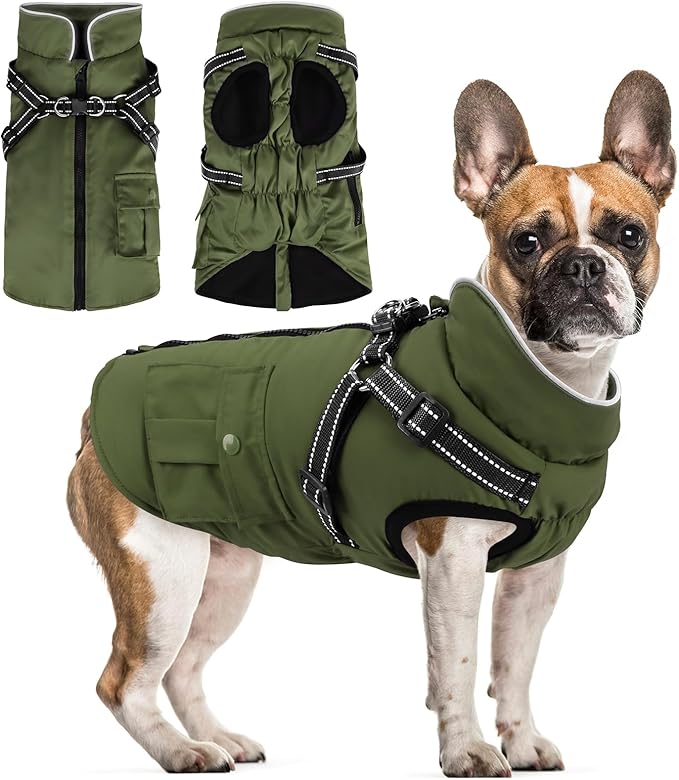 Dog Winter Coat with Harness Built-in | Waterproof Dog Jacket with Zipper & Fleece Lining | Reflective Cold Weather Coat for Small Medium Large Dogs