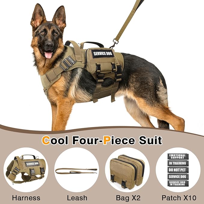 WINSEE Tactical Dog Harness with Dog Leash, Service Working MOLLE Vest with 10 Pet Patches for Large Dog, No Pull Military Harness and Backpack for Training Hunting Walking