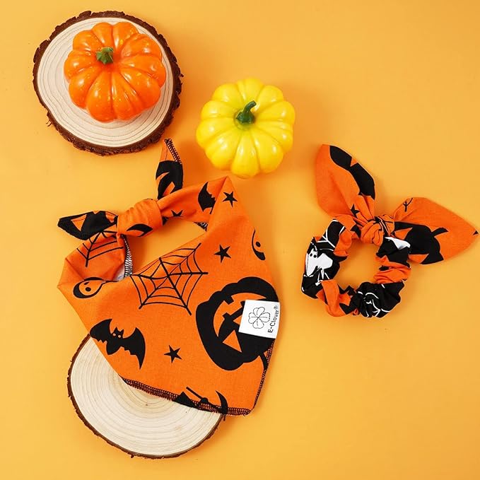 E-Clover Halloween Dog Bandanas & Matching Scrunchie Set Pumpkin Dog Bandana Triangle Pet Bibs Scarf Outfit for Small Medium Large Dogs Owner Orange Fall