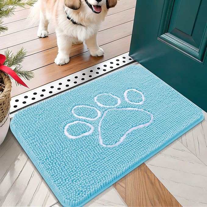 OLANLY Dog Door Mat for Muddy Paws 24x16, Paw Print Design, Absorbs Moisture and Dirt, Absorbent Non-Slip Washable Doormat, Quick Dry Chenille Mud Mat for Dogs, Entry Indoor Entryway Carpet, Blue