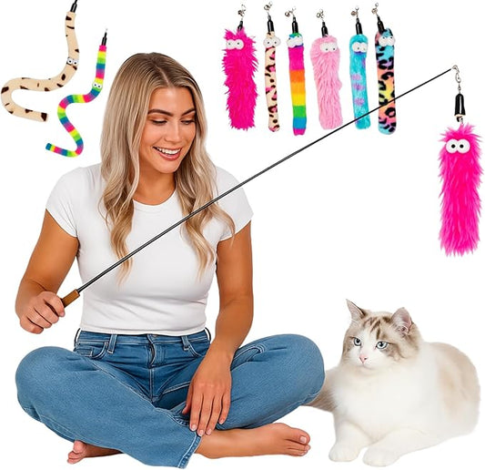 Cat Toys Set Cat Toy Wand Fishing Pole Retractable Teaser & Fuzzy Worm Interactive Kitten Toys Wand Attachments