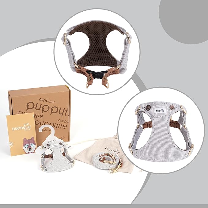 Puppytie No Pull Small Dog Harness with Multifunction Dog Leash,Lightweight Soft Adjustable No Choke Escape Proof Pet Harness Vest Pet Harness Vest,Denim Gray,S