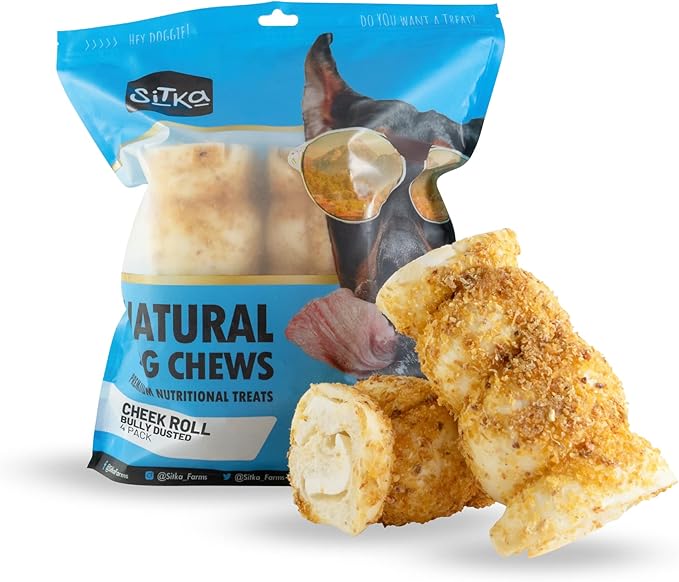 Sitka Farms Beef Cheek ROLL Bully Dusted 5-6 Inch (4 Count) Extra Thick Dog Chew Bones No Rawhide Sourced from Free Range Grass Fed/Healthy Teeth and Gums for Small Medium and Large Dogs