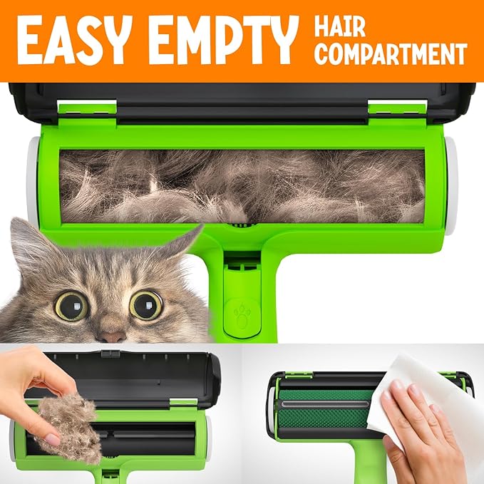 Triton Pet Hair Remover w/Fur Trapping Compartment - Easy to Use Pet Hair Removal Tool - Detachable Handle Cat & Dog Hair Remover for Car, Furniture, Clothes, Couch - Reusable Lint Roller (Green)