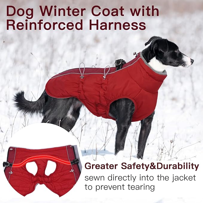 Dog Coat - Warm Winter Jacket Snowsuit for Large Dogs, Water-Resistant, Reflective, Red