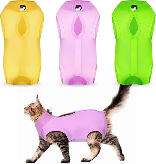 Nuanchu 3 Pieces Cat Recovery Suit Kitten Recovery Suit E-Collar Alternative for Cats and Dogs Abdominal Skin Anti Licking Pajama Clothes Sets(Large,Simple Style,Yellow Green Pink)