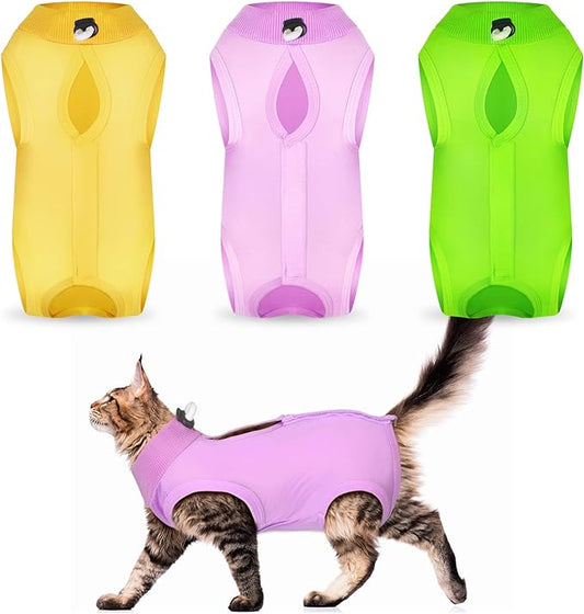 Nuanchu 3 Pieces Cat Recovery Suit Kitten Recovery Suit E-Collar Alternative for Cats and Dogs Abdominal Skin Anti Licking Pajama Clothes Sets(Medium,Simple Style,Yellow Green Pink)